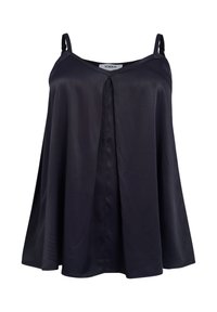 Schwarzes ärmelloses Oberteil mit V-Ausschnitt, fließender A-Linien-Silhouette und einer Knopfdetail vorne, hergestellt aus glattem Stoff.