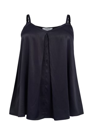 Sort ærmeløs top med V-hals, flydende A-formet silhuet og knappedetalje foran, lavet af et blødt stof.