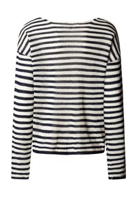 Suéter de punto de manga larga con rayas horizontales en blanco y negro, escote barco y corte relajado.