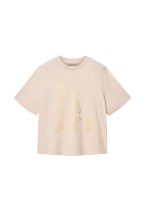 Beige kortærmet t-shirt med skinnende gyldne bogstaver, der staver "ALLSAINTS" lodret på forsiden, rund halsudskæring og afslappet pasform.