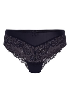 Black sheer lace women's briefs with floral pattern and small bow detail at the center waistband.