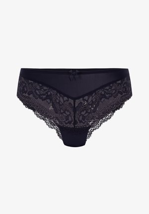 Schwarze durchsichtige Spitzenunterwäsche für Damen mit floralem Muster und kleinem Schleifendetail in der Mitte des Taillenbundes.