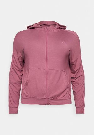 Mauve mikina s celým zipem, dlouhými rukávy, předními kapucí ve stylu klokánky a volným střihem, zobrazena na jednobarevném pozadí.