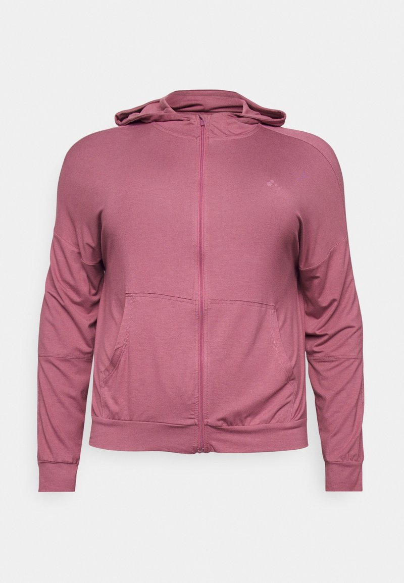 Sweat à capuche mauve à fermeture éclair complète, manches longues, poches avant kangourou et coupe décontractée, présenté sur un fond uni.