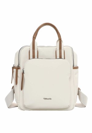 Flødefarvet firkantet rygsæk med brune håndtag, frontlomme med lynlås, sidelommer med lynlås og justerbare beige skulderstropper.