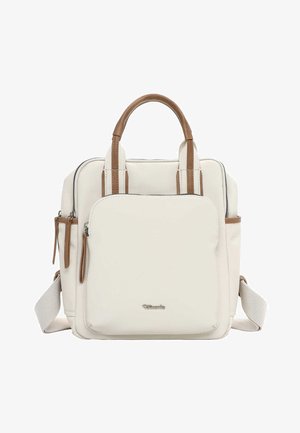 Cream square backpack with brown handles, front zip pocket, side zippers, and adjustable beige shoulder straps.