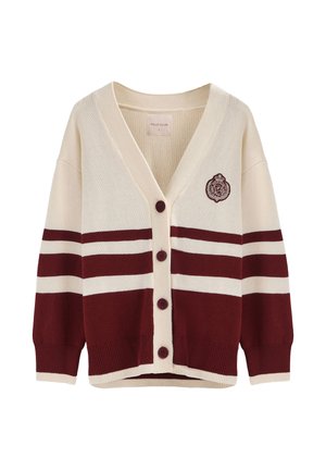 Crème cardigan met bourgondische horizontale strepen, v-hals, vijf knopen en een geborduurd logo op de linkerborst. Zachte gebreide textuur.