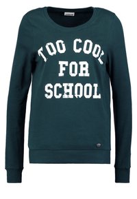 Zelená mikina s dlouhými rukávy, kulatým výstřihem a předním nápisem "PŘÍLIŠ COOL NA ŠKOLU" v bílé barvě. Obsahuje žebrované manžety a lem.