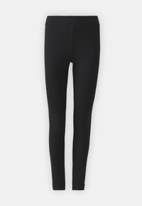 Leggings noirs en tissu extensible avec une texture lisse, dotés d'une taille haute et d'un design ajusté.