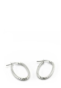 Silver hoop earrings with a braided design, featuring a smooth, polished texture and a secure snap closure. Simple oval shape.