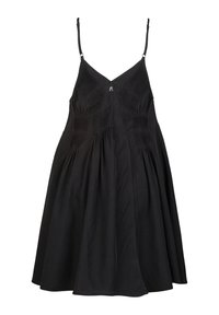 Schwarzes ärmelloses Kleid mit tailliertem Oberteil, gerafften Seiten und einem ausgestellten Rock. Hergestellt aus leichtem Stoff mit glatter Textur.