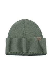 Knit beanie in muted green. Features ribbed cuff with flat texture, seamless top, and a small branded tag on the side.