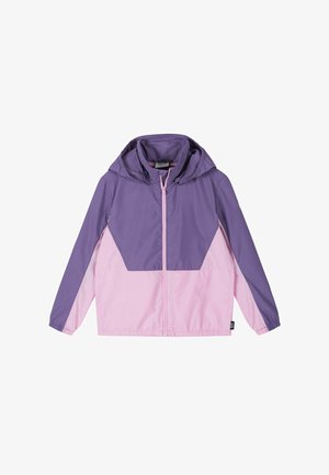 Leichte Kapuzenjacke mit durchgehendem Frontreißverschluss, langen Ärmeln und Farbblock-Design in Lila und Pink.