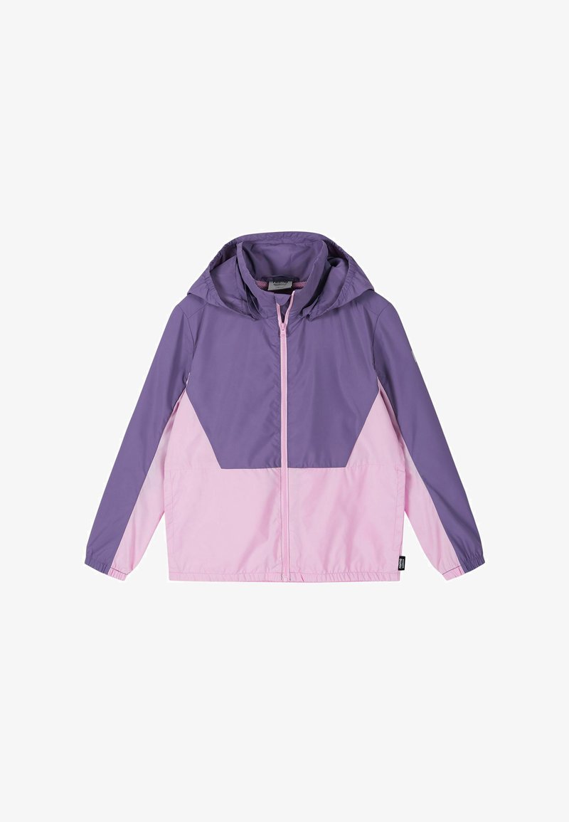 Lekka kurtka z kapturem, z pełnym zamkiem z przodu, długimi rękawami i wzorem w blokach kolorów fioletowym i różowym.
