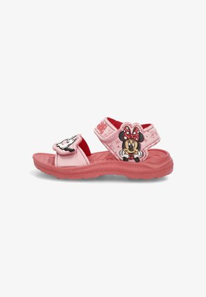 Sandalia infantil rosa con diseño de Minnie Mouse en las correas y suela acolchada, con cierres ajustables de gancho y lazo.