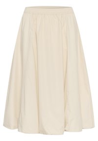 Gonna beige di lunghezza al ginocchio realizzata in un tessuto leggero. Presenta una vita elastica e un design svasato con una consistenza morbida e liscia.