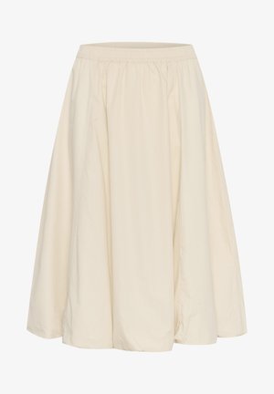 Beige rok tot de knie van lichte stof. Voorzien van een elastische tailleband en een uitlopende snit met een zachte, gladde textuur.