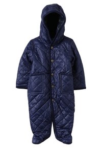 Tuta da neve in tessuto navale trapuntato con cappuccio, caratterizzata da motivi a quadrati, due tasche frontali e bottoni a pressione lungo la parte anteriore. Materiale impermeabile.