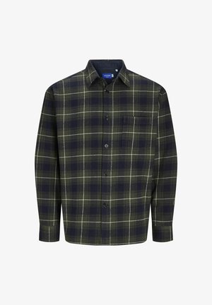 Grøn og marineblå flannel skjorte med knapper, plaid mønster, lange ærmer, spidse krave og en enkelt brystlomme.