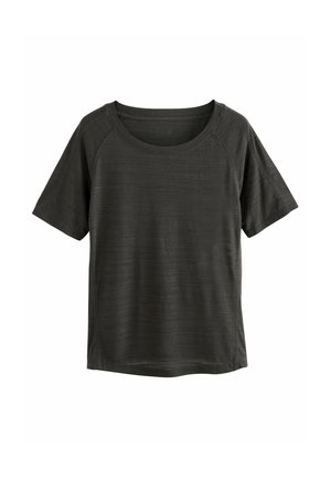 T-shirt à manches courtes de couleur gris foncé avec un col rond, présentant une texture douce et un motif rayé horizontal subtil, coupe décontractée.