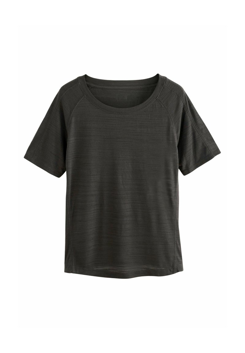 Donkergrijze T-shirt met korte mouwen en een ronde halslijn, met een gladde textuur en subtiel horizontaal streeppatroon, in een comfortabele pasvorm.