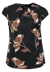 Sort bluse med korte ærmer, prydet med et blomstermotiv i hvid og brun. Stoffet har en glat tekstur og en plisseret halsudskæring.