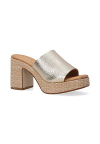 Metallic gold open-toe slide sandal with a textured upper, a woven platform base, and a chunky block heel. Smooth tan insole.