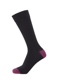 Black sock with ribbed top, solid color design, contrasting purple accents at toe and heel, smooth texture, and knee-high length.