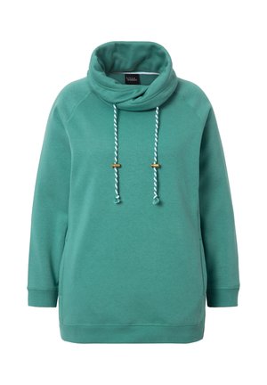 Felpa teal con collo a barchetta, caratterizzata da lacci bianchi e teal con dettagli in legno. Materiale morbido e vestibilità rilassata. Maniche lunghe.