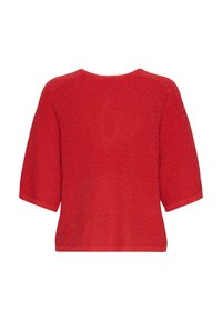 Crvena pletiva majica s kratkim rukavima, s teksturiranim finishem i širokim izrezom. Tkanina ima suptilan sjaj, stvarajući lagani izgled.