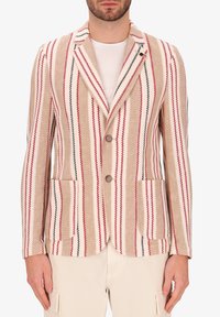 Blazer beige con strisce rosse e blu navy, con rever a punta, due tasche frontali e chiusura a due bottoni, realizzato in tessuto testurizzato.