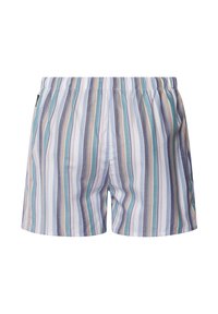 Costumi da bagno a righe in tessuto leggero, caratterizzati da righe verticali in blu, beige e grigio. Vita elastica per comfort.