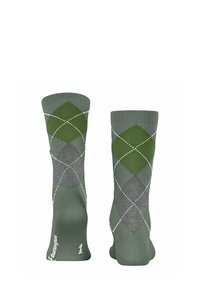 Zielone skarpetki do kolan z diamentowym wzorem w ciemnozielonym i szarym kolorze, z białymi akcentami. Wykonane z elastycznego materiału dzianinowego.