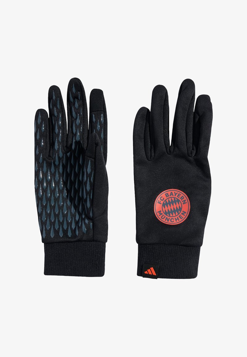 Luvas pretas do FC Bayern München com aderência texturizada na palma e logo vermelho nas costas, apresentando punhos canelados e marca Adidas.
