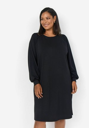 Vestito nero con maniche a sbuffo lunghe, scollatura rotonda e delicati dettagli in pizzo sulle spalle. Tessuto morbido con una vestibilità comoda e spacco laterale.