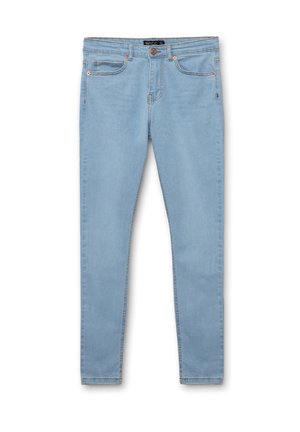 Jeans skinny de mezclilla azul claro con una cintura de media altura, que cuentan con cinco bolsillos y costuras en contraste, textura suave y sin desgastes visibles.