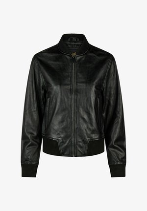 Blouson bomber en cuir noir avec fermeture éclair à l'avant, col, poignets et taille côtelés, présenté sur fond blanc.