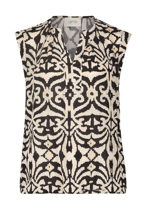 Bluzka bez rękawów z czarno-beżowym abstrakcyjnym symetrycznym wzorem i dekoltem w kształcie litery V.