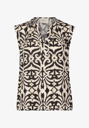 Mouwloze blouse met zwart-beige abstracte symmetrische patroon en V-hals.