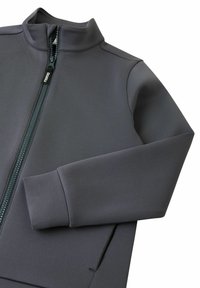 Grey zip-up jacket made of smooth fabric, featuring a high collar, textured zipper, and side pockets. Clean lines and fitted design.