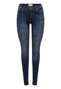 Jeans de corte Slim en azul oscuro con un lavado desgastado, diseño de cinco bolsillos, cintura media y cierre de botón metálico, fabricados en tela de denim.