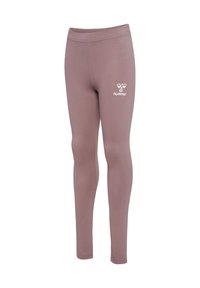 Light mauve leggings made from soft fabric with a smooth texture, featuring white "hummel" logo on the hip. Form-fitting design.