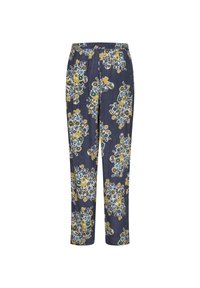 Pantaloni con motivo floreale in blu navy, con fiori gialli, blu e verdi. Vita elastica, vestibilità comoda, tessuto leggero.