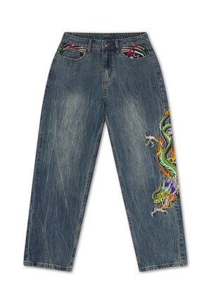Jeans blu in denim con ricamo colorato di drago sulla gamba destra e tessuto a fantasia all'interno delle tasche anteriori.