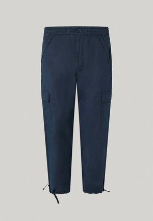 Námořnické modré cargo kalhoty s elastickým pasem, bočními kapsami a rozšiřitelnými lemy. Vyrobené z lehkého, hladkého materiálu.