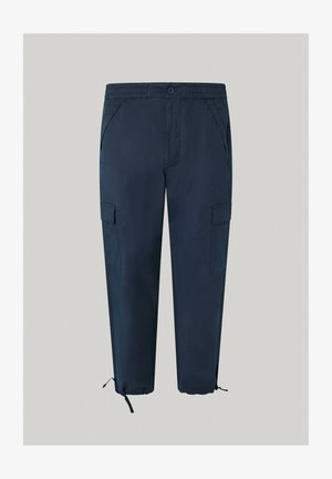 Námořnické modré cargo kalhoty s elastickým pasem, bočními kapsami a rozšiřitelnými lemy. Vyrobené z lehkého, hladkého materiálu.