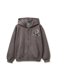 Felpa grigia con zip realizzata in tessuto morbido, dotata di un cappuccio, due tasche frontali e un design ricamato con paillettes sul lato sinistro del petto.