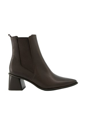 Dunkelbrauner Leder-Stiefelette mit spitzer Zehenpartie, Blockabsatz, elastischen Seitenteilen und Zuglasche hinten.