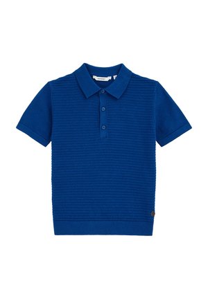 Chemise polo bleue à manches courtes avec un motif texturé, patte de boutonnage à trois boutons et ourlet uni. Présente un accent logo sur le côté.