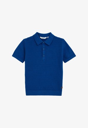 Krátky rukáv modrá polo košeľa s textúrovaným vzorom, s trojicou gombíkov na zapínanie a pevným lemom. Obsahuje logo na boku.